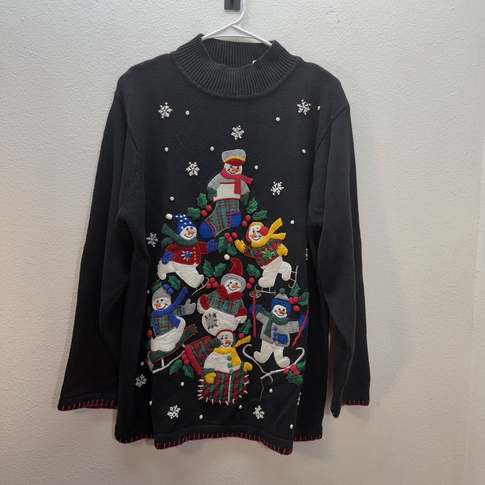 BP Design Knit Holiday Sweater Wmns XL‎ Mock Neck Snowman Embroidered Christmas
